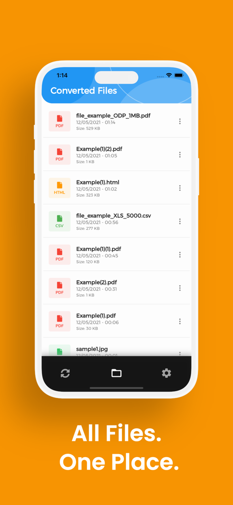 ODP Converter, ODP to PPTX - iPhone screen displaying a list of successfully converted files including PDF, HTML, and CSV documents in the ODP Converter app.