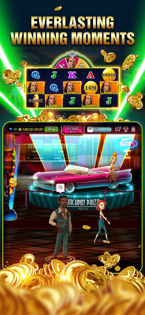 Vegas Live Slots Casino - Una pantalla de juego móvil que muestra una máquina tragamonedas clásica con símbolos de Benjamin Franklin, monedas de oro y un coche descapotable rosa vintage en un escenario.