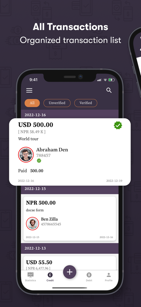 IOU-Money - Tela do aplicativo IOU-Money mostrando uma lista de transações e dívidas organizadas com suporte a várias moedas