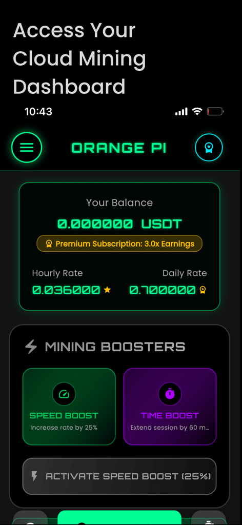 USDT Mining - Interface de l'application de minage d'USDT affichant un tableau de bord de minage dans le cloud avec le solde, les taux de gain et les options de boost de vitesse