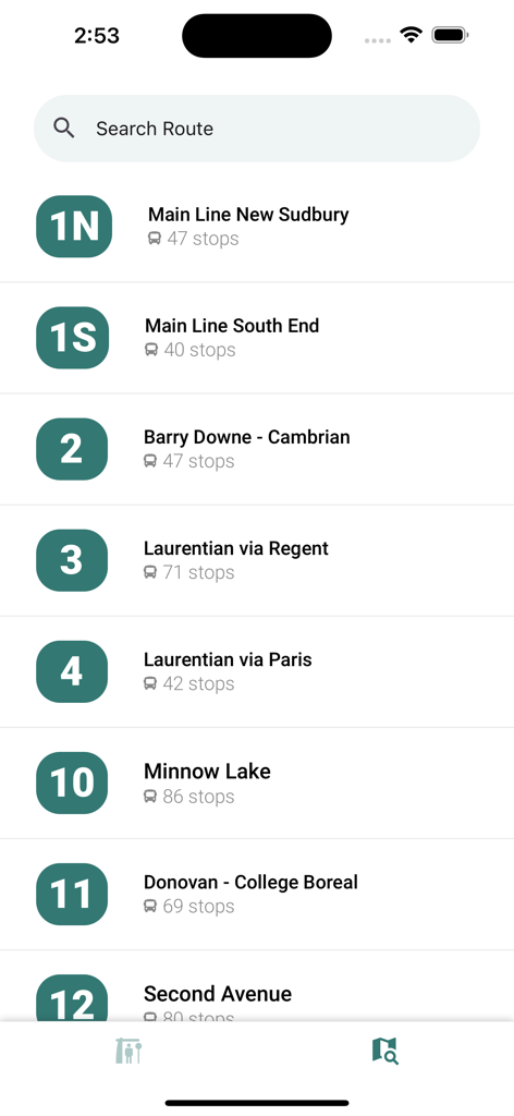 Sudbury Transit (GOVA) - A list of bus routes for the Sudbury Transit GOVA app including route names and number of stops