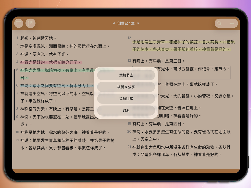 Quick Bible app on iPad showing large print Chinese text with a menu for bookmarks and annotations.