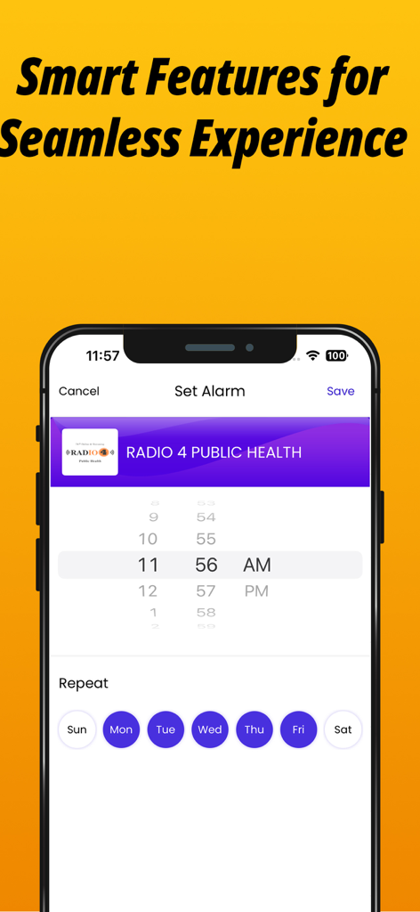 Radio FM: Music, News & Sports - Radio FM app interface showing the set alarm screen with a radio station selection and time picker