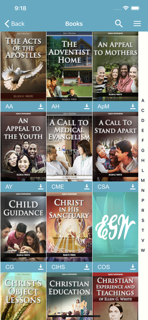 EGW Writings 2 - Estante digital no aplicativo EGW Writings 2 exibindo várias capas de livros de Ellen G. White.