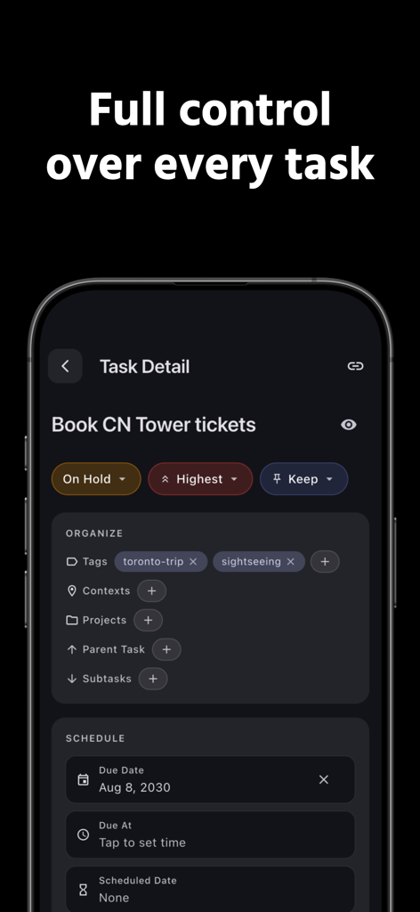 TaskForge - Obsidian Tasks - Mobile app interface showing detailed task management options including tags priority status and due dates