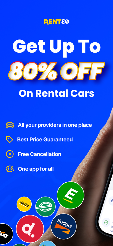 Rent80 app promotion showing up to 80 percent off on car rentals with various provider logos