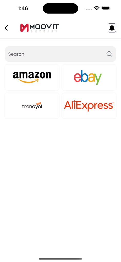 Moovit Express app screen displaying marketplace options for Amazon eBay Trendyol and AliExpress
