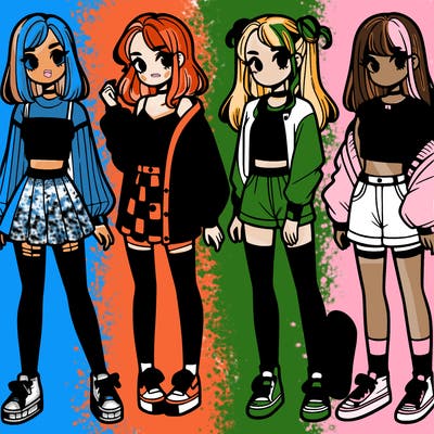 one girl with crop-top shirt and a jacket with a skirt, long socks and another girl with a shirt and pants with a jacket