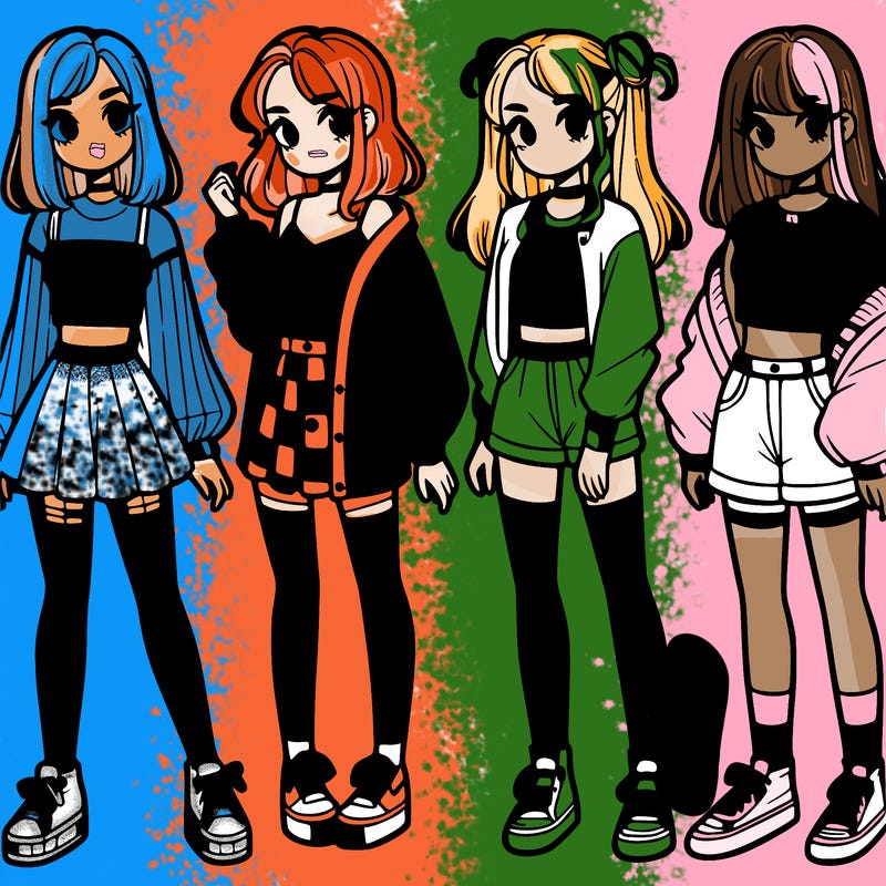 one girl with crop-top shirt and a jacket with a skirt, long socks and another girl with a shirt and pants with a jacket