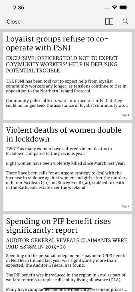 Mobile app view showing local Northern Irish news headlines and article snippets from the Belfast Telegraph.
