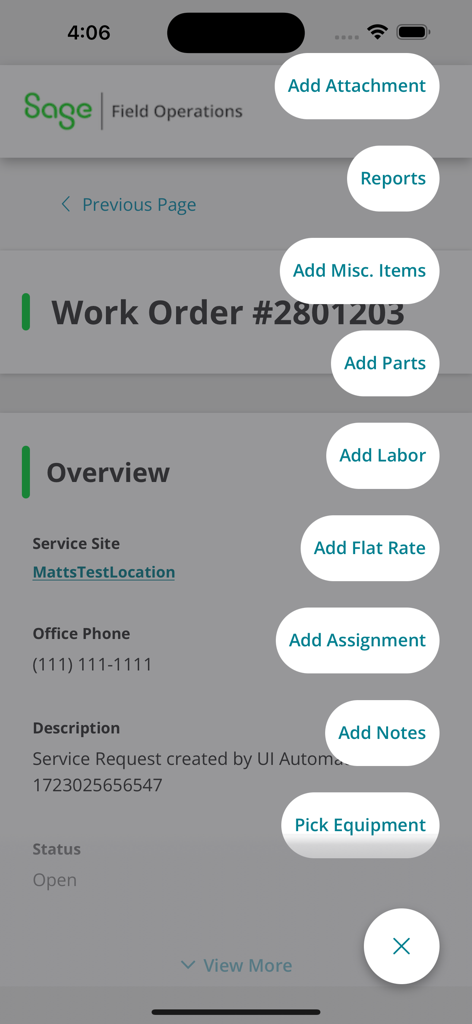 Sage Field Operations - Work order details screen in Sage Field Operations showing options to add labor parts and notes