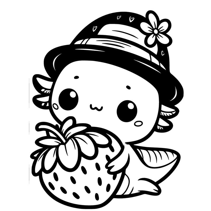 cute axolotl holding a strawberry with a cute hat