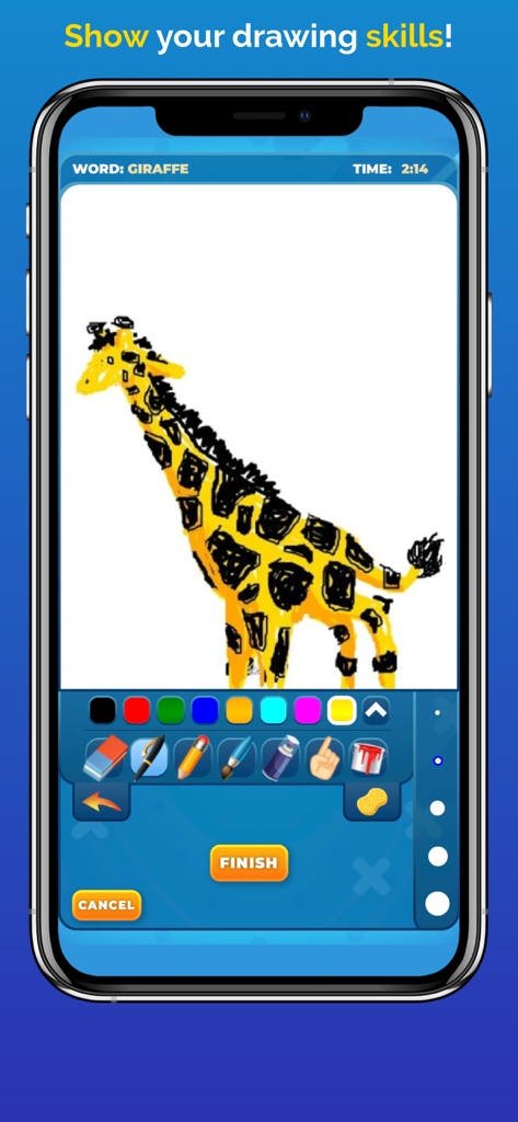 Drawize - Draw and Guess - Un dibujo digital de una jirafa en la interfaz del juego móvil Drawize con herramientas de dibujo y paleta de colores.