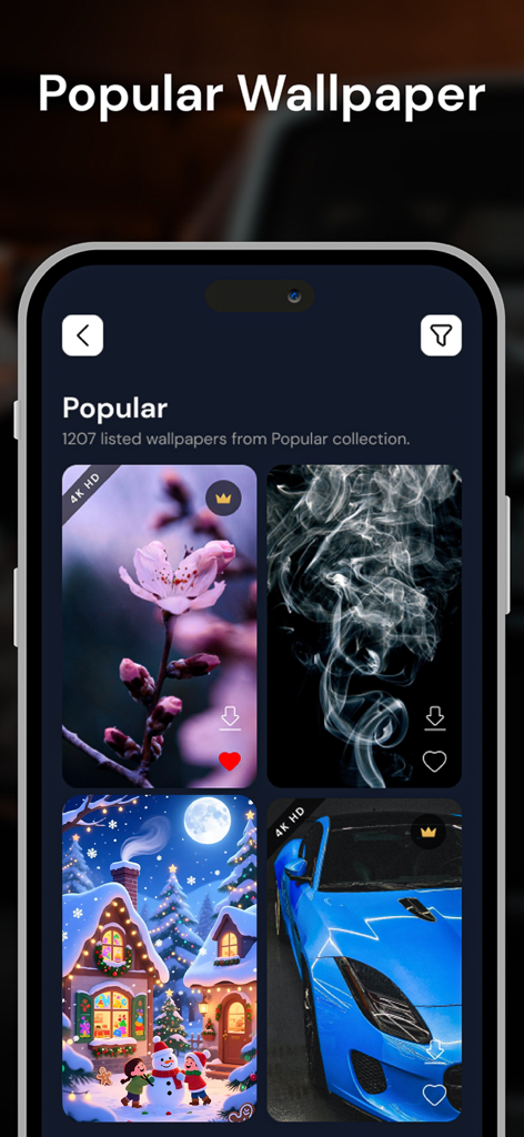 Interfaccia dell'app mobile che mostra una galleria di sfondi 4K HD popolari tra cui temi floreali, astratti, stagionali e automobilistici