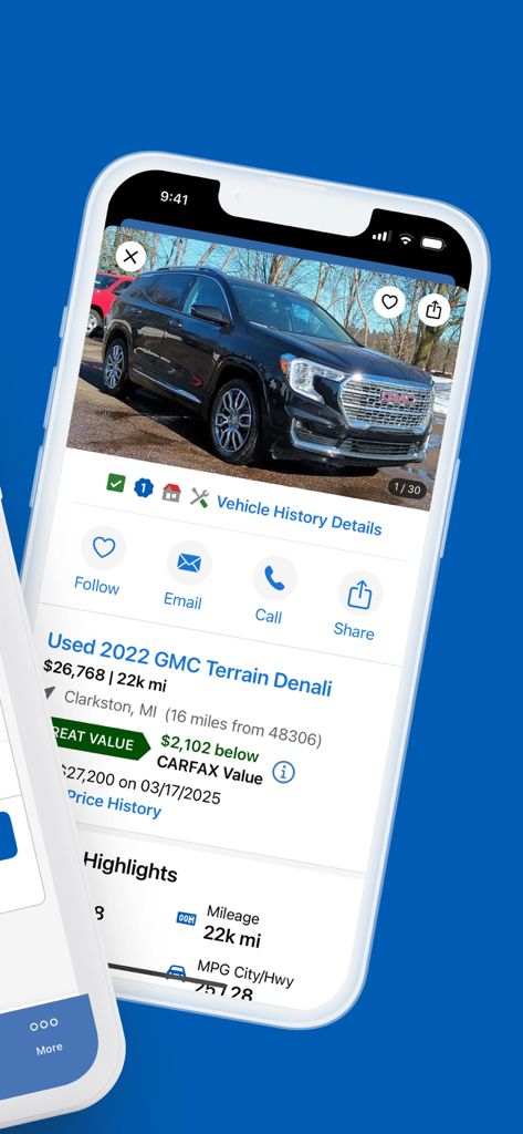 Used GMC Terrain car listing on the CARFAX mobile app displaying price and value details