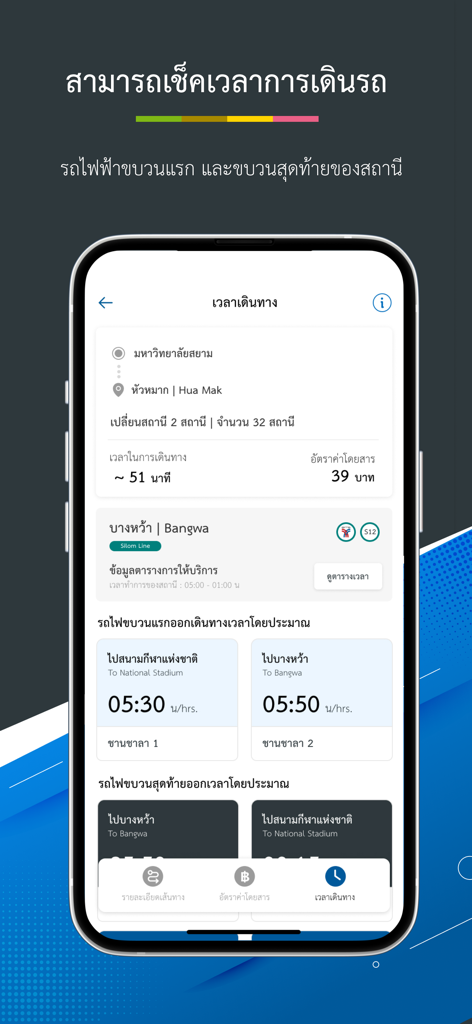 THE SKYTRAINs mobile app interface showing travel duration, fare estimation, and first train schedules for Bangkok transit