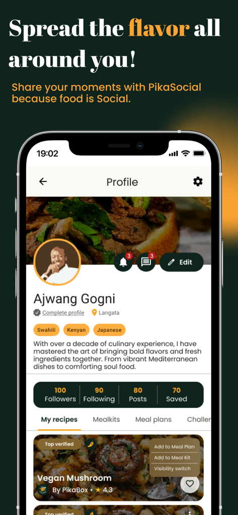 PikaBox - PikaBox app interface showing a chef profile with shared recipes and social community stats