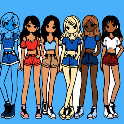 a group of girls wearing crop tops and shorts