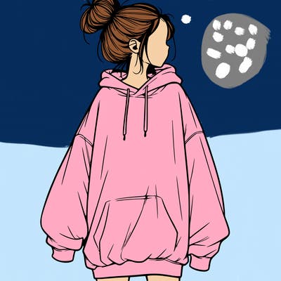 realistic girl with a oversized sweatshirt on and a bun