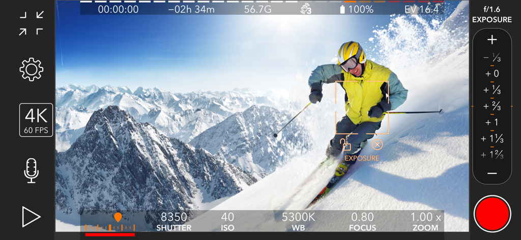 ProMovie Recorder plus app interface showing manual video controls for ISO shutter speed and white balance while recording a skier