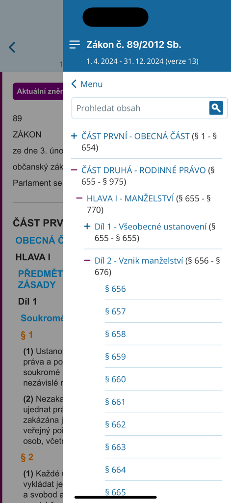 Zákony pro lidi - Zakony pro lidiモバイルアプリ内のチェコ民法の内容ナビゲーションメニュー。