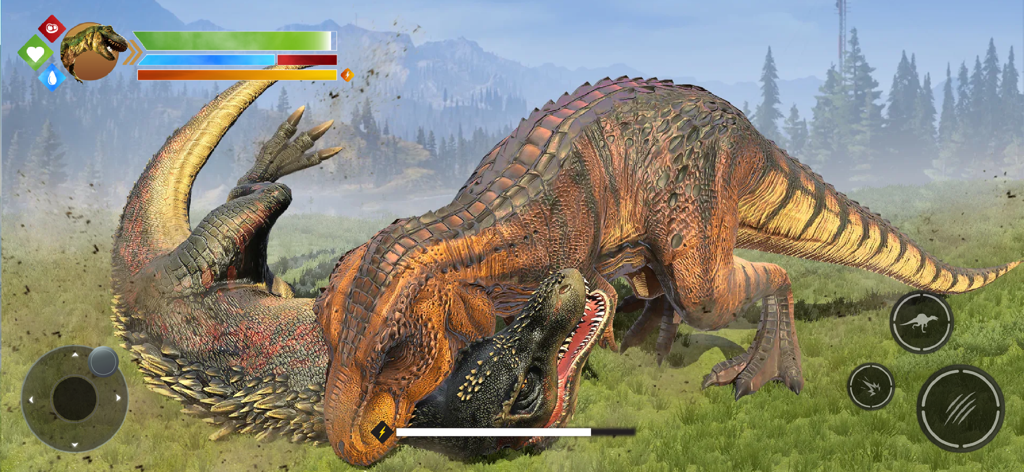 Jurrassic Dinosaur Simulator - Dos grandes dinosaurios 3D luchando en un entorno de jungla prehistórica con elementos de interfaz de juego