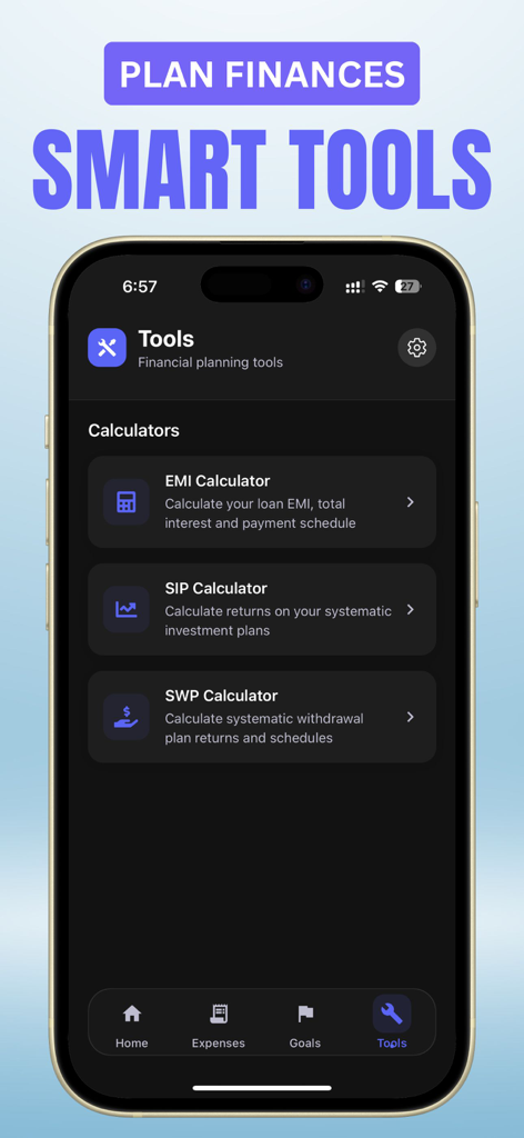 Interface do aplicativo MoneyMap mostrando ferramentas inteligentes de planejamento financeiro, incluindo calculadoras de EMI e SIP.