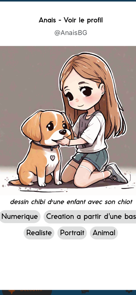 A digital chibi illustration of a girl with her puppy on the Thalie artist profile page