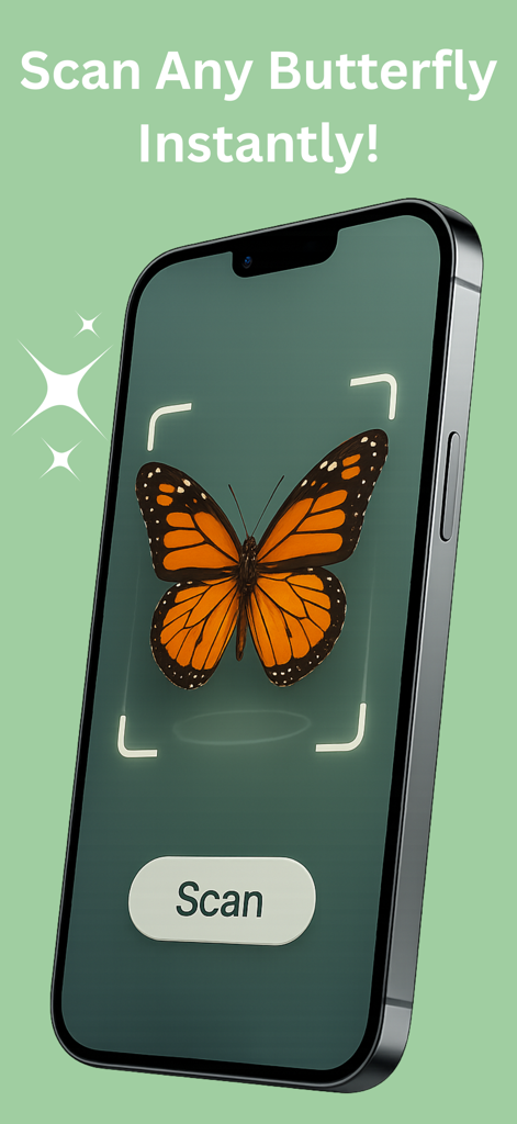 Butterfly Identifier: Photo ID - Smartphone displaying the Butterfly Identifier app interface scanning a monarch butterfly