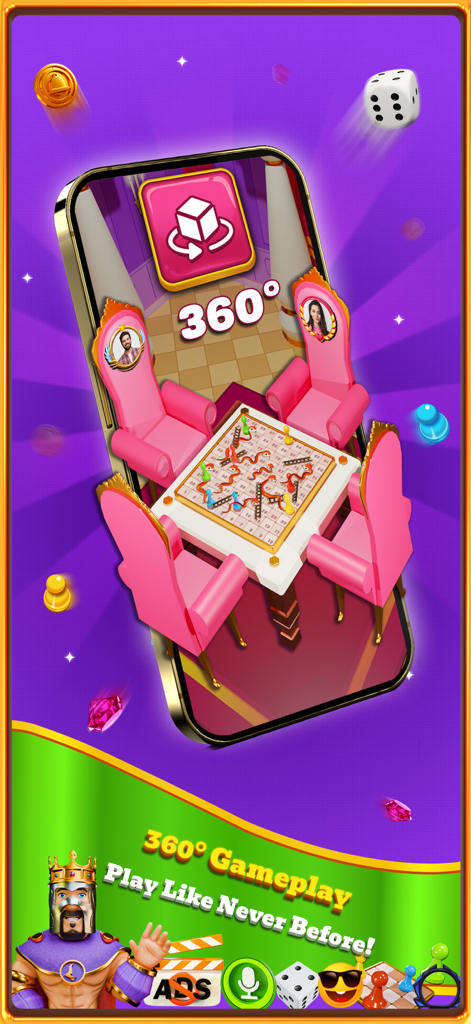 Immersive 3D view of Snakes and Ladders Chief board game showing 360 degree gameplay and multiplayer chairs