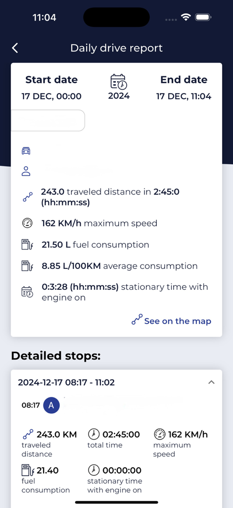 TrackGPS Fleet Management - Daily drive report screen showing vehicle performance and fuel consumption data.