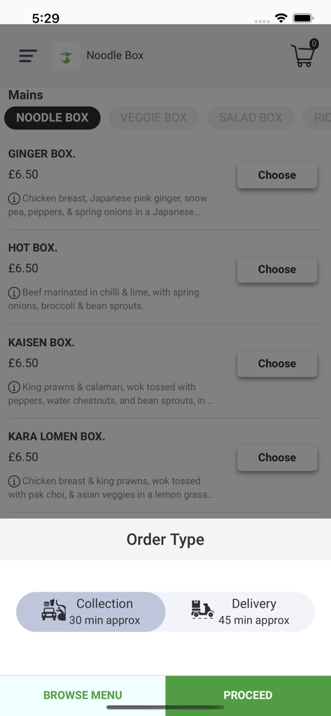 NOODLE- BOX - Pantalla de la aplicación Noodle Box que muestra el menú y una indicación para elegir entre recogida o entrega.