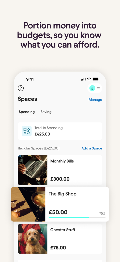 Starling Bank mobile app interface showing the Spaces feature with different budget categories like Monthly Bills and The Big Shop.