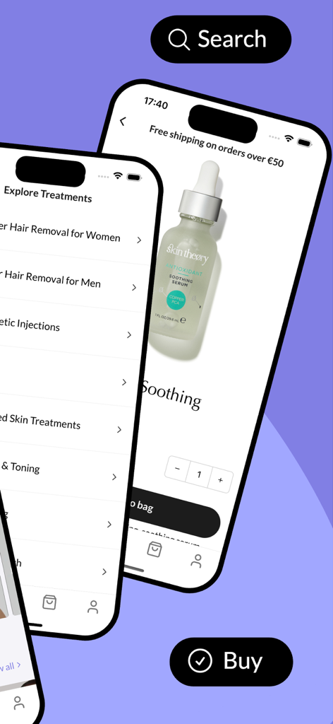 Therapie Clinic mobile app interface showing beauty treatments list and skincare product shopping page