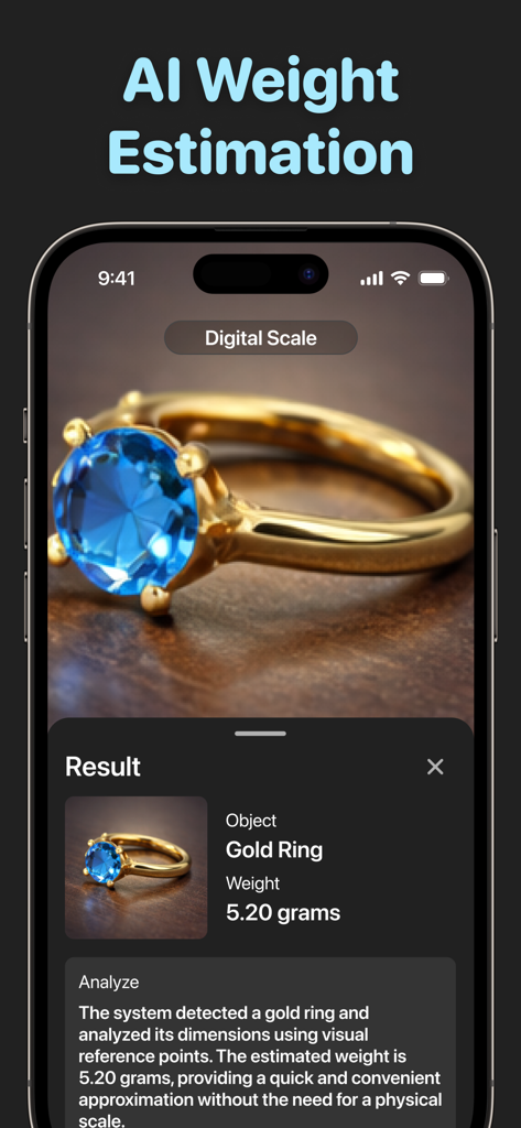 Scale Gram Digital Weight AI - Scale GramアプリインターフェースがAI分析を使用して金の指輪の重量を推定