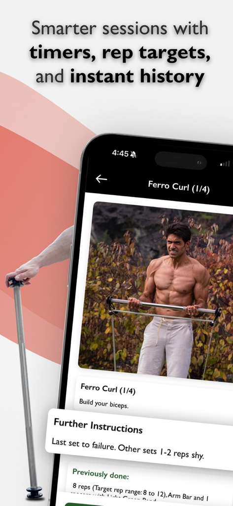Harambe Fit - Harambe Fit app interface showing bicep curl exercise and workout history details