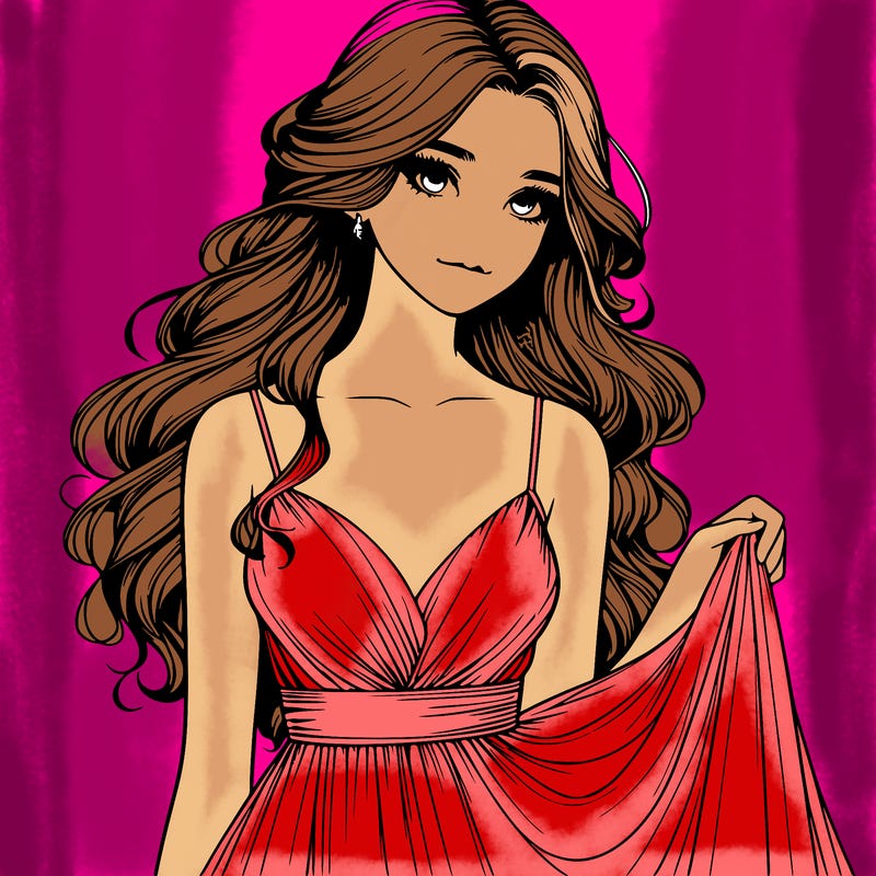 realistic girl in flowy silky prom dress