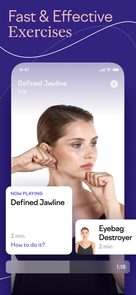 Glowbe – Face Yoga & Massage - A woman performing a face yoga exercise for a defined jawline on the Glowbe app