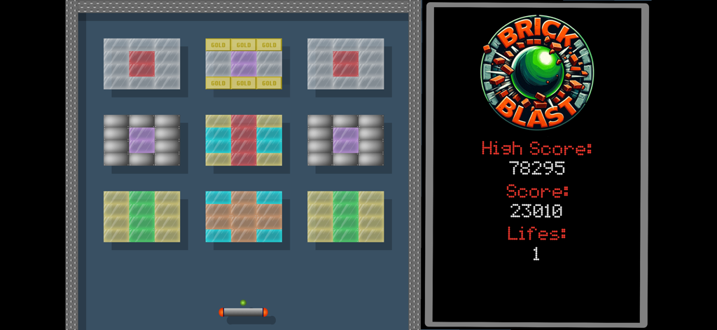 Classic breakout style gameplay screen with colorful bricks and high score display