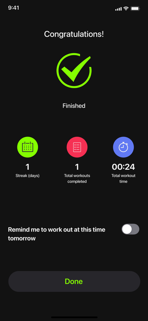 Interval timer · Hiit timer - 緑色のチェックマーク、連続回数、総ワークアウト数、総運動時間を示すワークアウト完了概要画面。