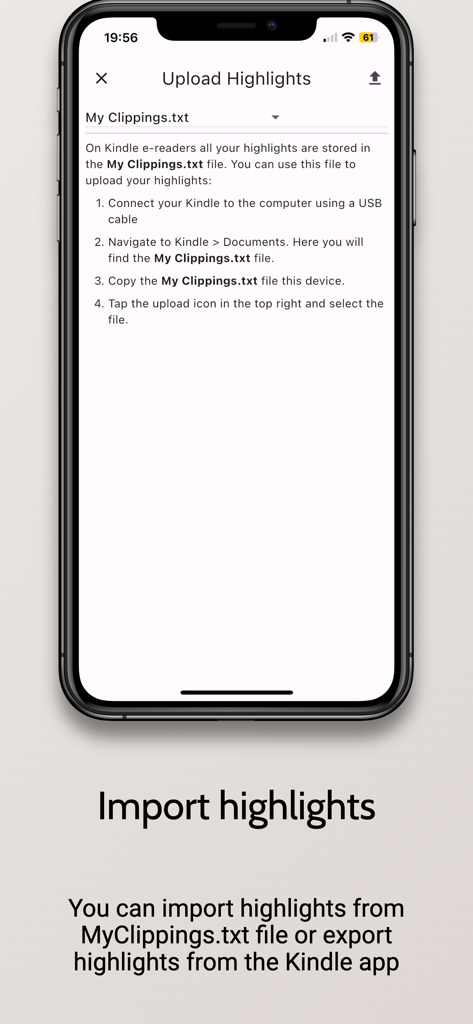 Kindle Clippings - Interfaz que muestra instrucciones para cargar el archivo de texto My Clippings desde un dispositivo Kindle a la aplicación.