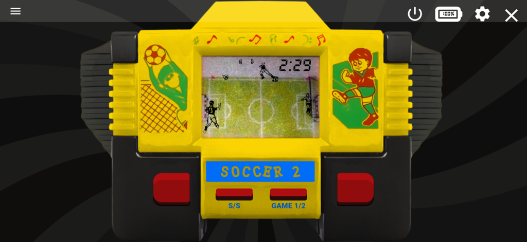 Mini Games Retro 90's - Interface d'une console portable jaune jouant à un jeu de football rétro avec des graphismes 8 bits.