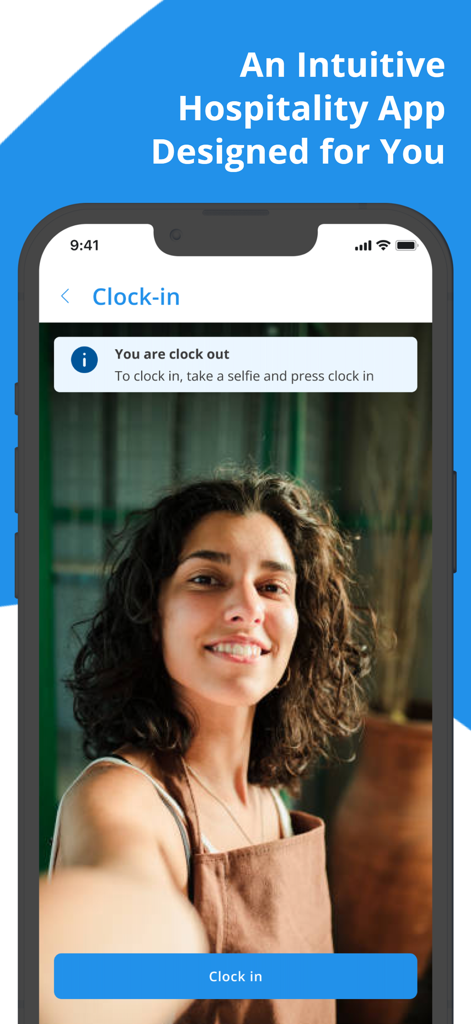 Alkimii - A woman in a hospitality uniform using the Alkimii app on an iPhone to clock in for her shift with a selfie.