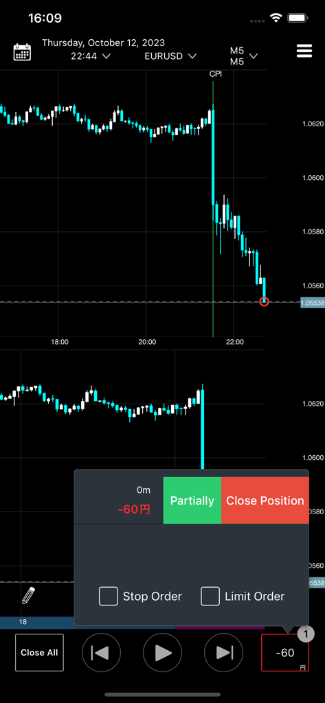 TradeSimuFx - TradeSimuFx mobile app interface with historical forex chart playback and trade simulation controls