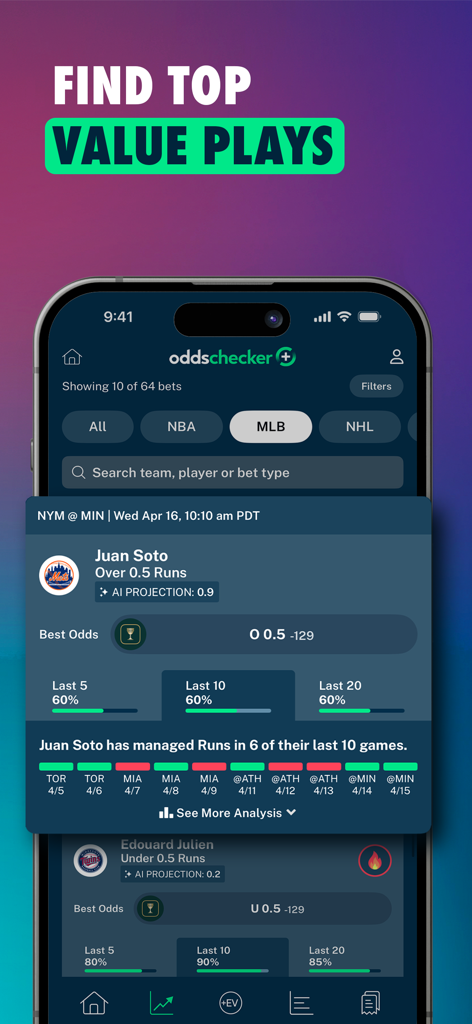 Oddschecker plus app interface showing AI player prop projections and market value analysis for MLB betting