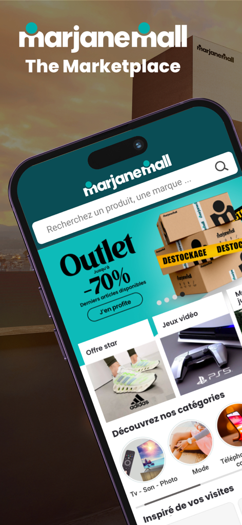 Marjanemall mobile app home screen showing outlet discounts star offers and shopping categories