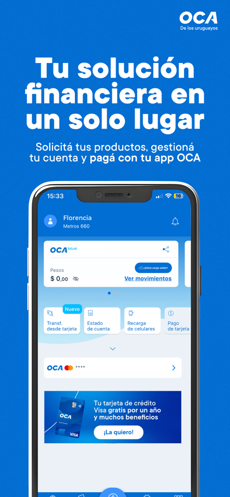 OCA mobile app dashboard displaying financial account balance and service icons for transfers and payments