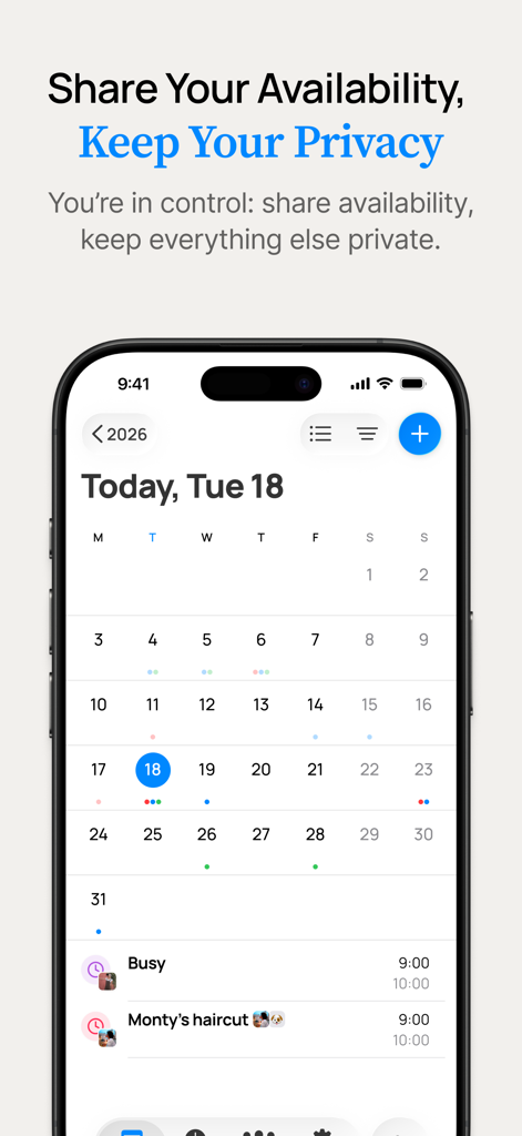 OurCal: Group Calendar Share - OurCal app interface on iPhone showing a monthly calendar view with shared availability features