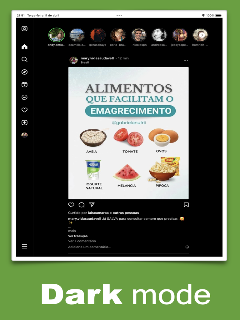 InsPad for Instagram - 다크 모드로 표시되는 게시물이 있는 iPad의 InsPad for Instagram 인터페이스.