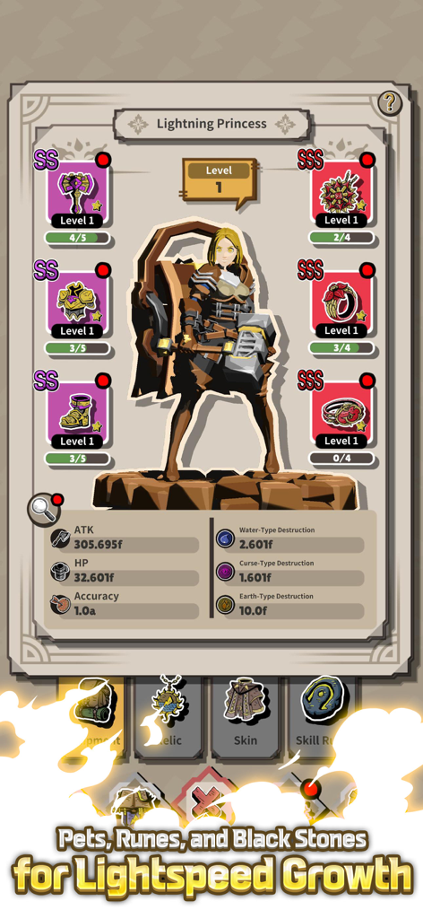 Lightning Princess: Idle RPG - Character equipment and attributes interface in Lightning Princess Idle RPG showing weapons armor and high level stats